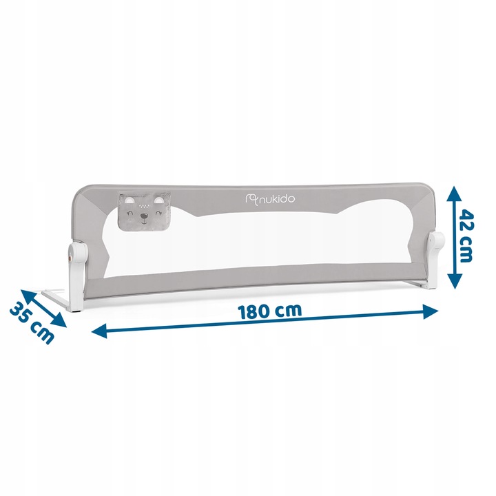 Pelēka gultas aizsargbarjera ar izmēru norādēm 180 cm, 42 cm un 35 cm