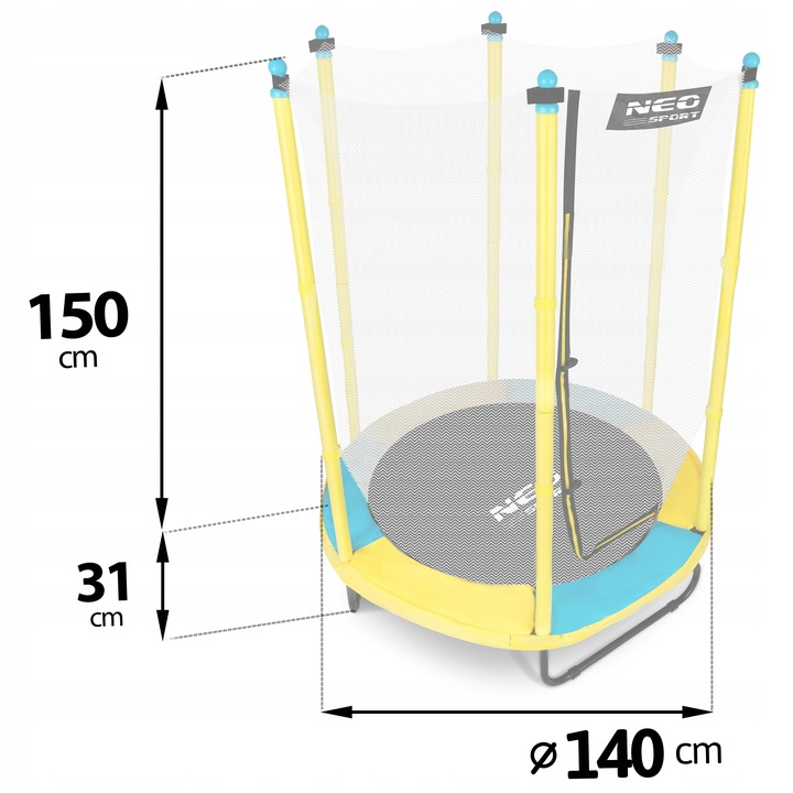 Neo-Sport bērnu batuta 140 cm izmēru shēma ar norādītu 150 cm tīkla augstumu un Ø 140 cm diametru
