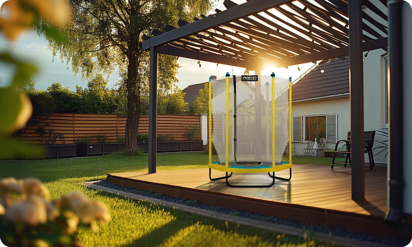 Neo-Sport bērnu batuts 140 cm uz terases dārzā pie nojumes saules gaismā