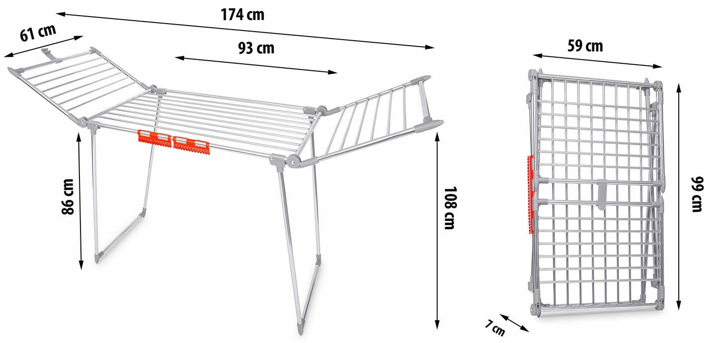 Massido Debora veļas žāvētāja izmēru shēma ar norādītiem 174 cm, 93 cm, 61 cm, 108 cm, 69 cm un 7 cm izmēriem