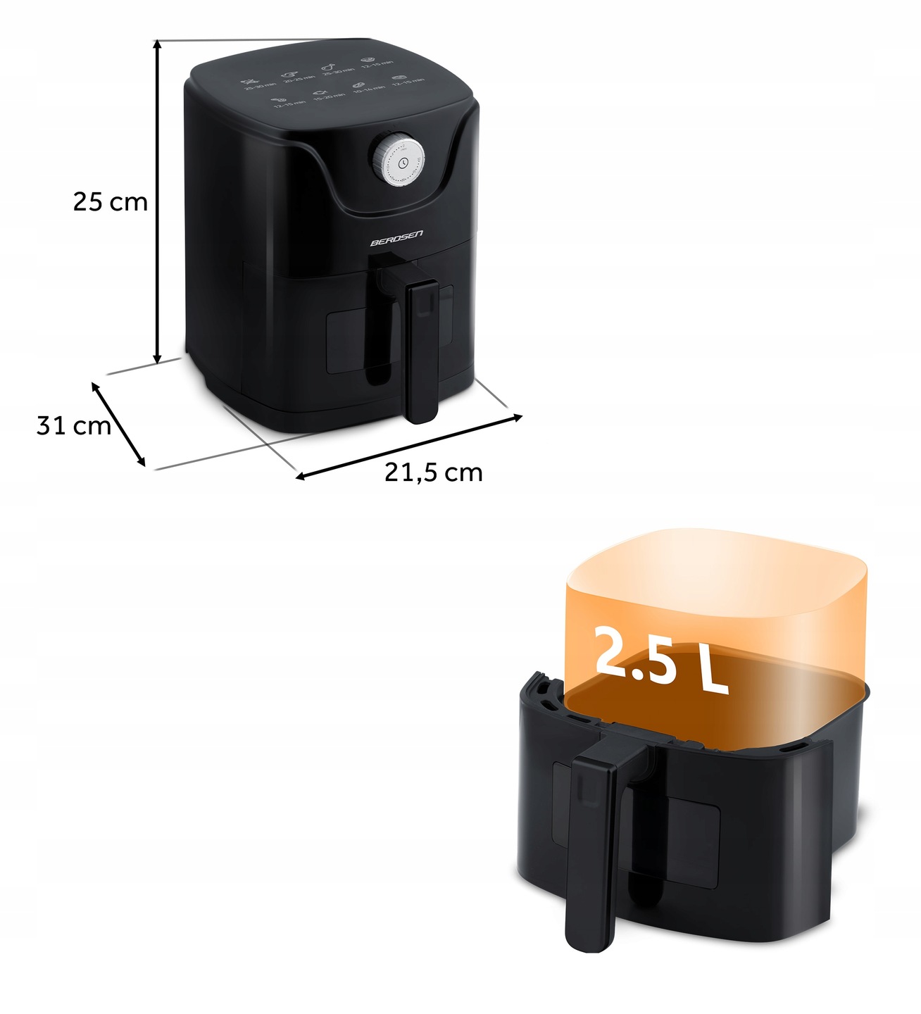 Bez eļļas fritieris ar izmēru apzīmējumiem 25 cm, 31 cm un 21,5 cm