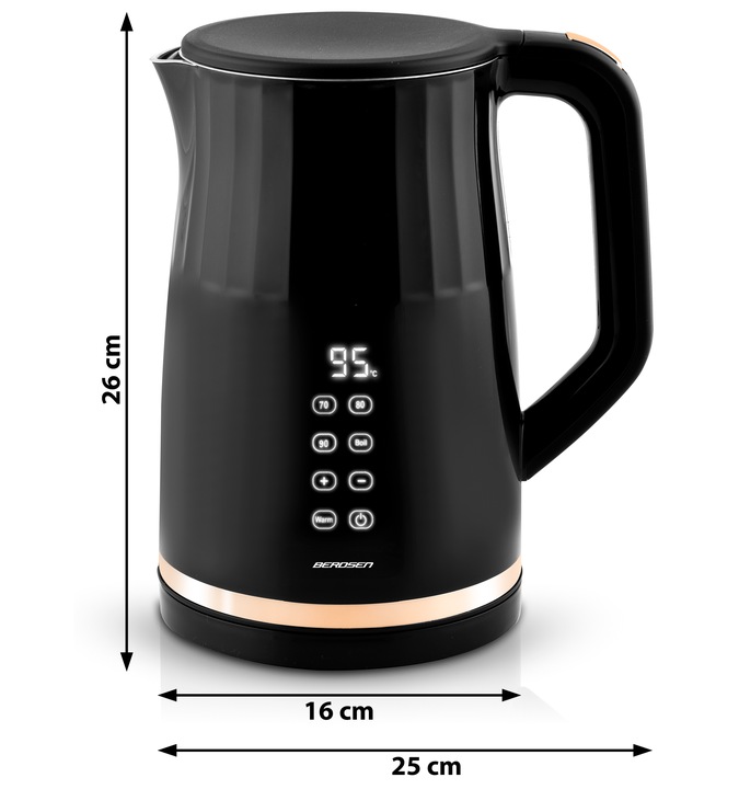 Berdsen BD-706 elektriskā tējkanna ar norādītiem izmēriem 26 cm, 16 cm un 25 cm