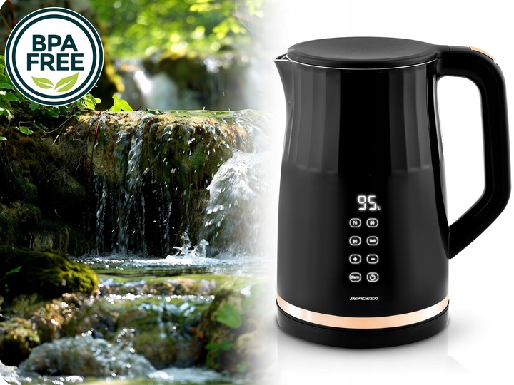BPA free marķējums un Berdsen BD-706 elektriskā tējkanna ar zaļu dabas fonu