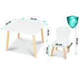 Bērnu galda komplekta izmēru shēma ar krēsliem un 55 cm, 45 cm, 28 cm, 24 cm, 27 cm un 55 cm atzīmēm