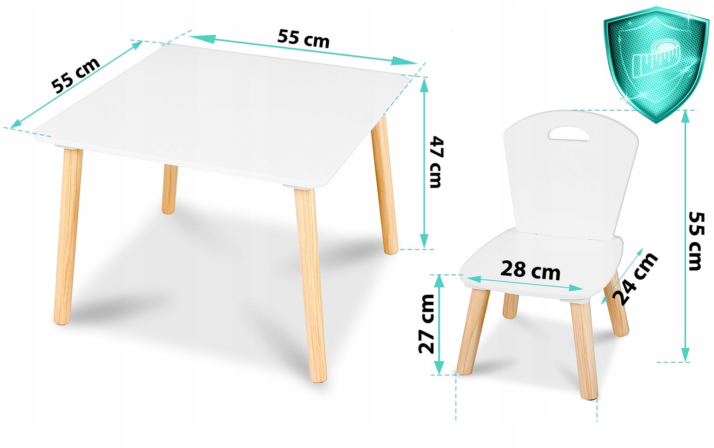 Bērnu galda un krēsla izmēru ar 55 cm, 47 cm, 28 cm, 24 cm, 27 cm un 55 cm atzīmēm