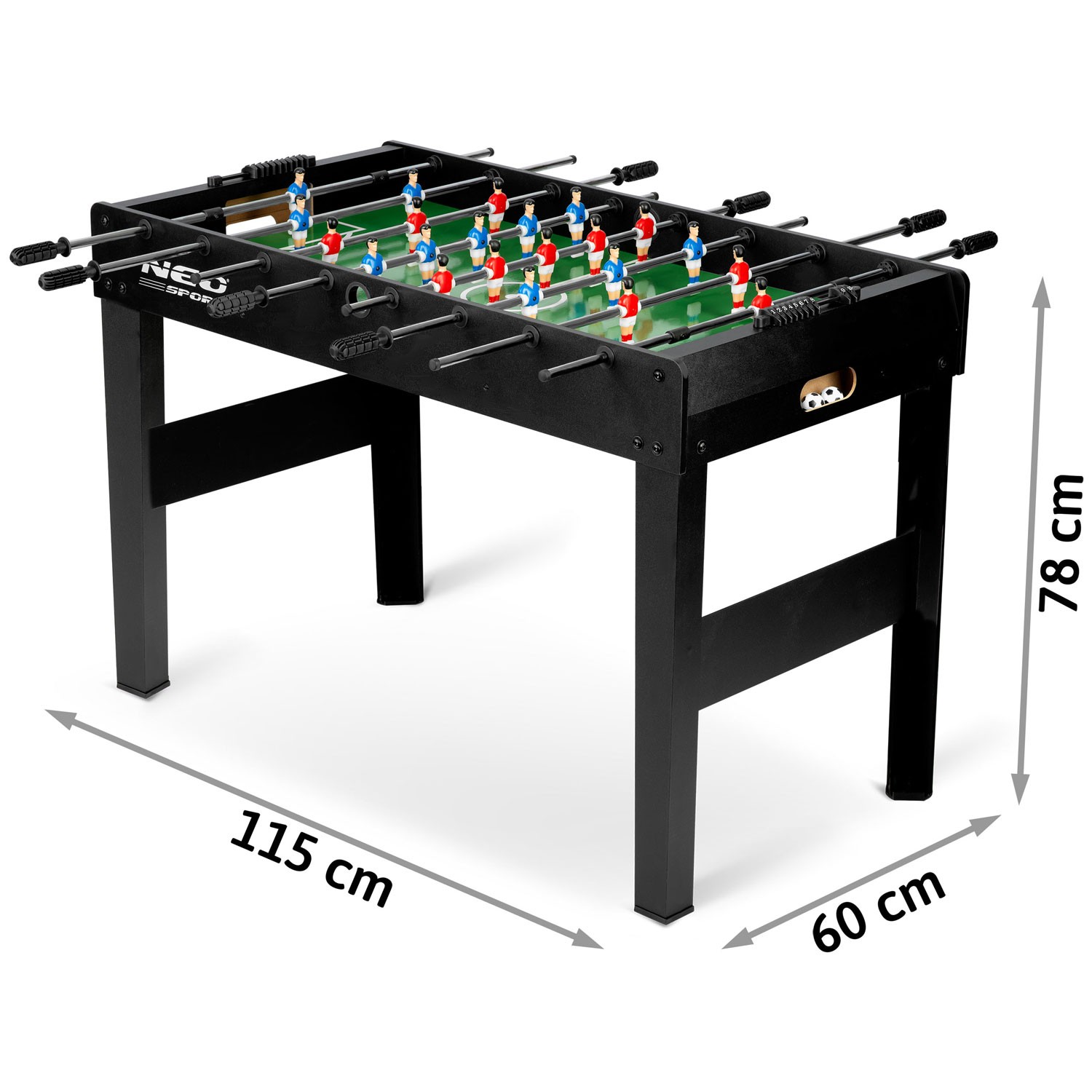 Neo-Sport galda futbola galds ar izmēru norādēm 115 cm, 60 cm un 78 cm no slīpa skata