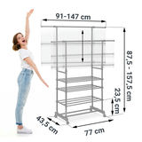 Apģērbu statīva izmēru vizualizācija ar 91–147 cm platumu, 87,5–157,5 cm augstumu un 43,5 cm dziļumu