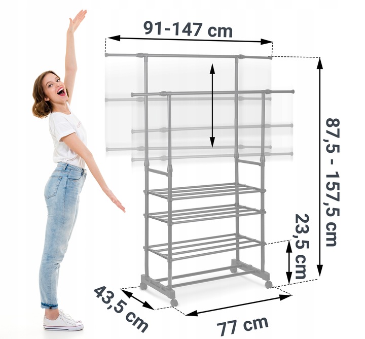 Apģērbu statīva izmēru shēma ar norādītiem regulēšanas diapazoniem 91–147 cm, 87,5–157,5 cm, 43,5 cm, 77 cm un 23,5 cm