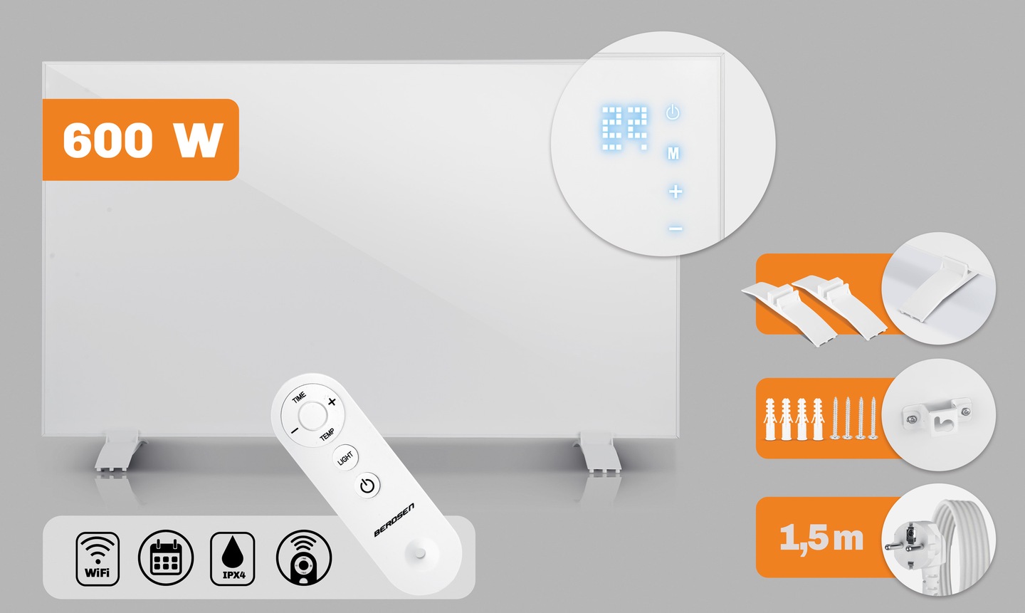 Berdsen 600 W panelis ar tuvplānā redzamu LED skārienvadību, pulti un montāžas piederumiem