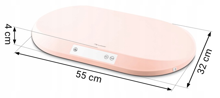 Rozā zīdaiņu svari Nukido ar izmēru norādēm 55 cm un 32 cm, redzams arī 4 cm augstums