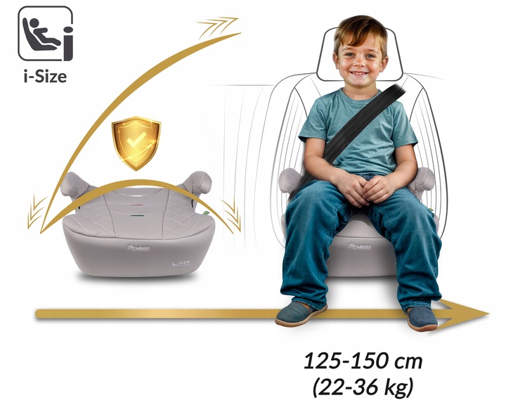 Nukido Louis bērnu sēdeklis ar i-Size zīmi un bērnu sēdošu priekšā, norāde 125–150 cm un 22–36 kg