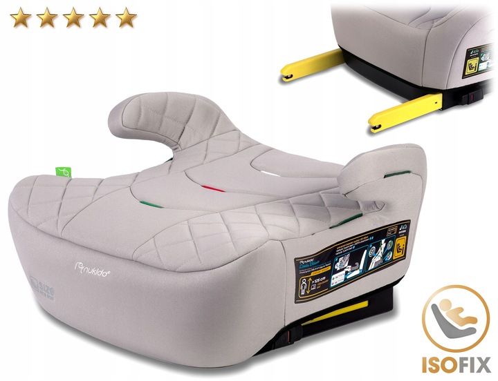 Pelēks Nukido Louis bērnu sēdeklis no priekšpuses ar redzamiem Isofix stiprinājumiem un sānu marķējumu