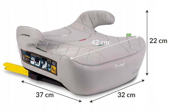 Nukido Louis bērnu sēdeklis ar izmēru norādēm 42 cm, 37 cm, 32 cm un 22 cm sānskatā