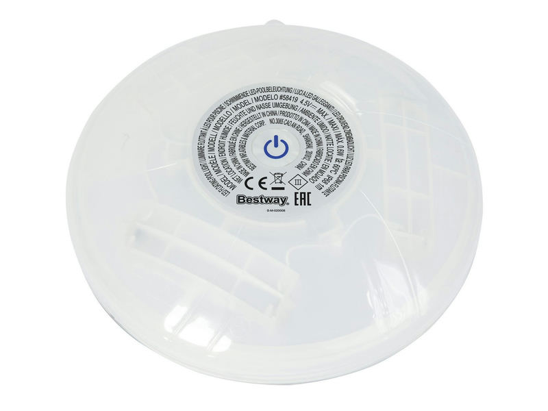 Bestway LED peldlampa no apakšas uz balta fona ar skaidri redzamu centra pogu