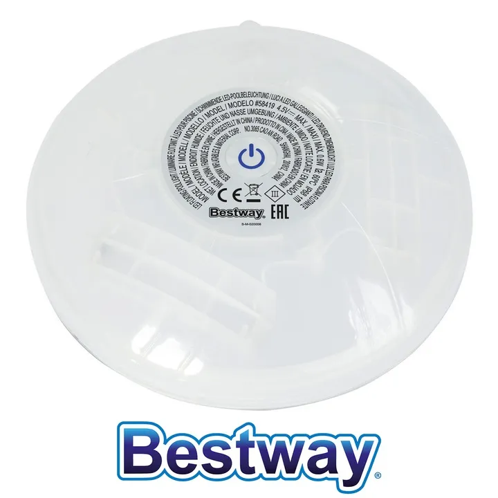 Apaļa Bestway LED peldlampa no apakšas ar redzamu slēdža marķējumu un korpusu