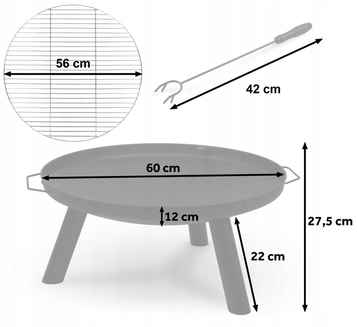 Dārza ugunskura bļodas izmēru shēma ar 60 cm diametru, 27,5 cm augstumu un 42 cm pokeri