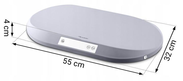 Zīdaiņu svari ar izmēru atzīmēm 55 cm, 32 cm un 4 cm uz korpusa