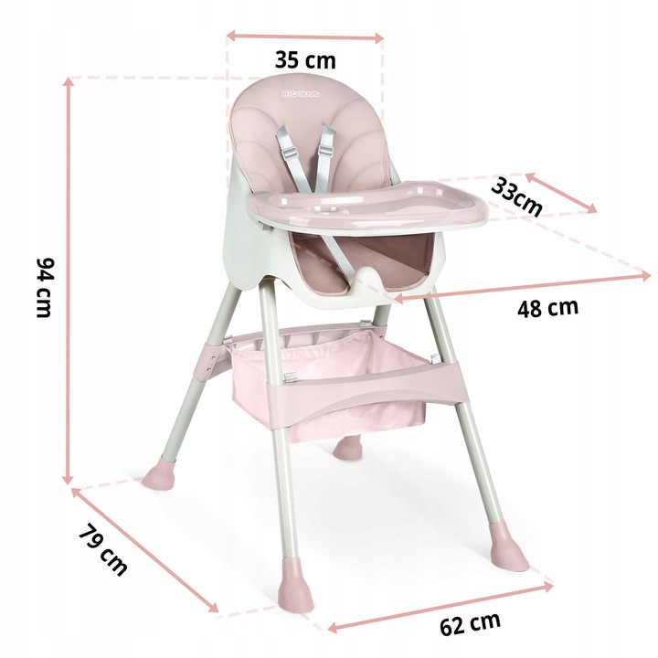 Ricokids Milo barošanas krēsliņš ar norādītiem izmēriem 94 cm, 79 cm, 62 cm, 48 cm, 35 cm un 33 cm