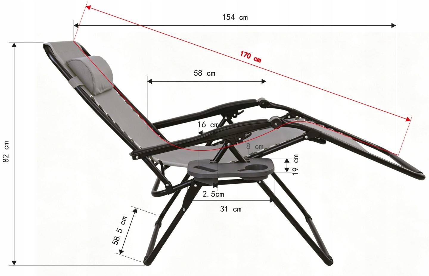Saliekama zvilņa sānskats ar 170 cm garumu un dzērienu paliktni