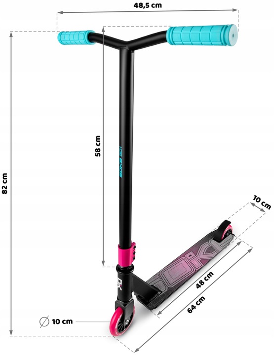 SOKE Go! triku skrejritenis ar izmēru norādēm 48,5 cm stūrei, 82 cm augstumam un 48 cm dekas garumam