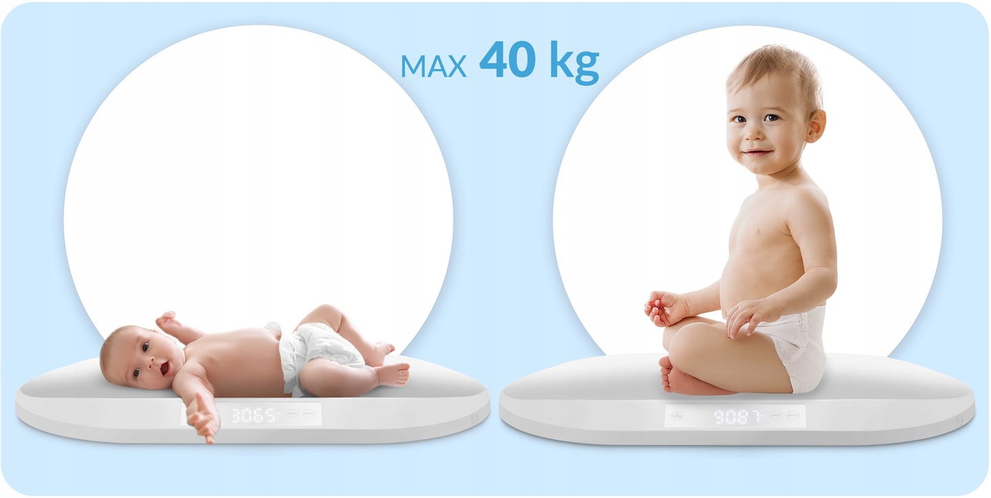 Nukido NK-950 zīdaiņu svari ar diviem bērna lietojuma piemēriem un maksimālo slodzi 40 kg