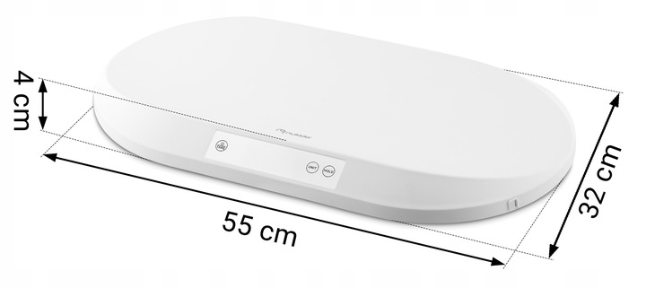 Nukido NK-950 svari ar norādītiem izmēriem 55 cm, 32 cm un 4 cm uz baltas fona kompozīcijas