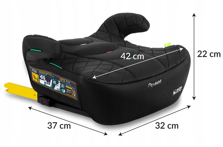 Isofix bērnu auto sēdeklis ar izmēru norādēm 42 cm, 37 cm, 32 cm un 22 cm