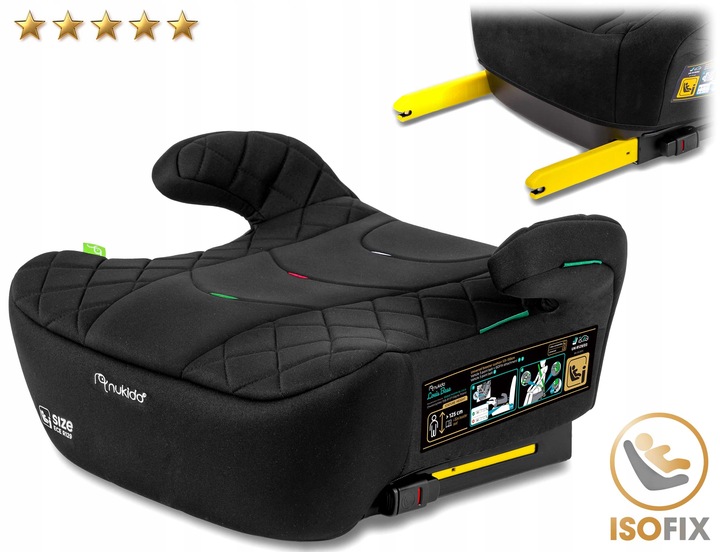 Melns bērnu auto sēdeklis ar Isofix stiprinājuma elementiem un sānu marķējumu