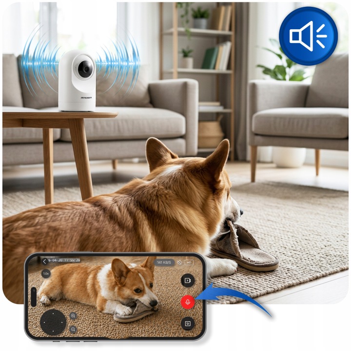 Divvirzienu audio kamera viesistabā ar telefonu, kas rāda tiešraides skatu uz suni un mikrofonu