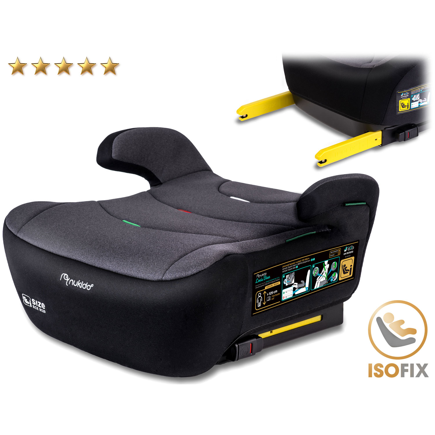 Bērnu sēdeklītis Nukido Louis ar Isofix sliedēm un drošības simbolu labajā pusē