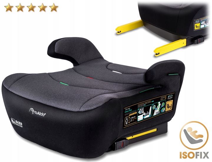 Isofix bērnu sēdeklītis Nukido Louis ar redzamiem dzelteniem stiprinājumiem un sānu etiķeti