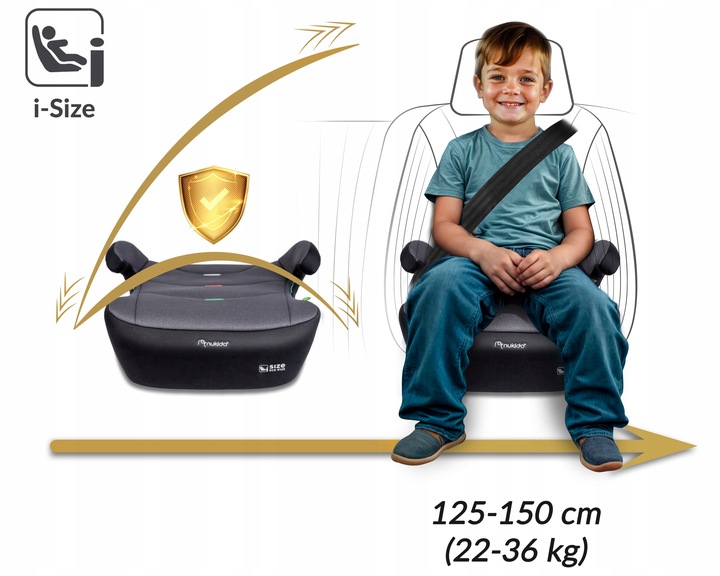 Nukido Louis i-Size bērnu sēdeklītis ar 125–150 cm un 22–36 kg norādi un bērna sēdpozīciju