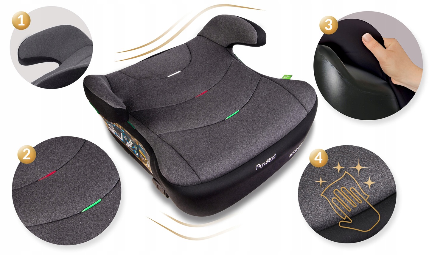 Nukido Louis bērnu sēdeklītis ar tuvplāniem uz sānu balstu, polsterējuma un auduma detaļām