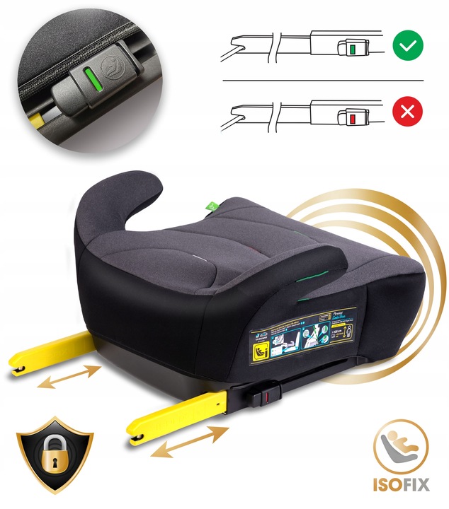 Isofix bērnu sēdeklītis Nukido Louis ar stiprinājuma bloķētāja tuvplānu un drošības simboliem