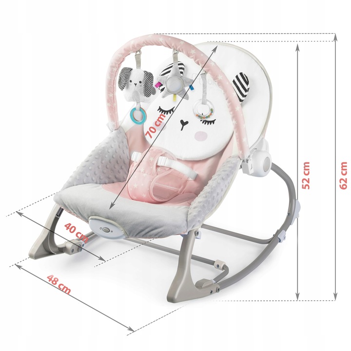 Rozā Nukido šūpuļkrēsliņš ar norādītiem izmēriem 70 cm, 40 cm, 48 cm, 52 cm un 62 cm