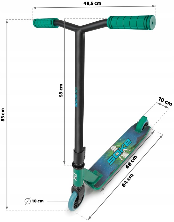 SOKE GO! triku skrejritenis ar izmēru shēmu, kur redzams 83 cm augstums un 48,5 cm stūre