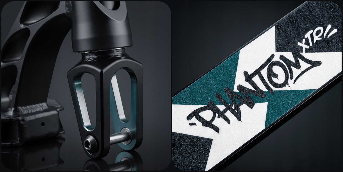 SOKE XTR Phantom dakšas un deck virsmas tuvplāns, redzams metāla savienojums un grip virsma ar uzrakstu