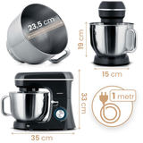 Planetārais mikseris Berdsen un 6 l bļoda ar izmēru norādēm 23,5 cm, 19 cm, 15 cm un 35 cm