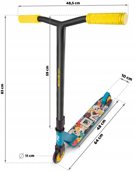 SOKE GO! skrejriteņa izmēru shēma ar 48,5 cm stūres platumu un 83 cm augstumu