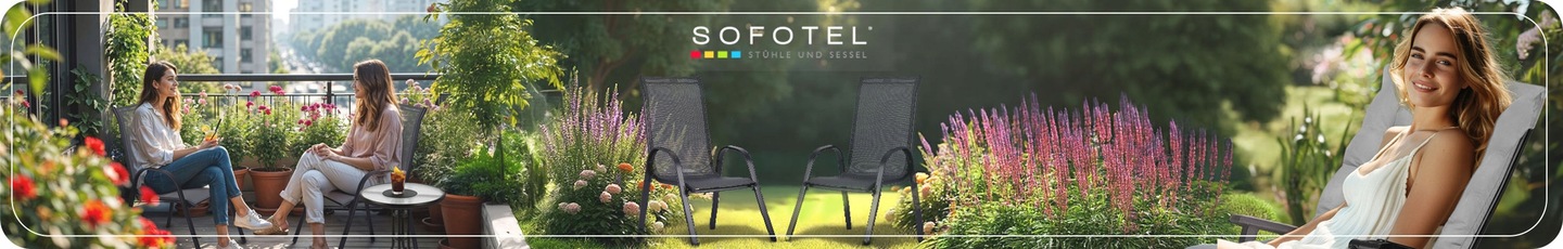 Sofotel SO-980 dārza krēsli izvietoti terasē pie galda ar ziedošu dārzu fonā