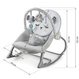 Pelēks šūpuļkrēsls ar izmēru marķējumiem 70 cm, 52 cm, 62 cm, 48 cm un 40 cm