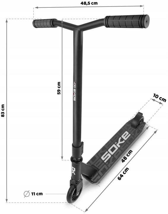 SOKE GO! skrejriteņa izmēru shēma ar 83 cm augstumu, 48,5 cm stūri un 48 cm decku