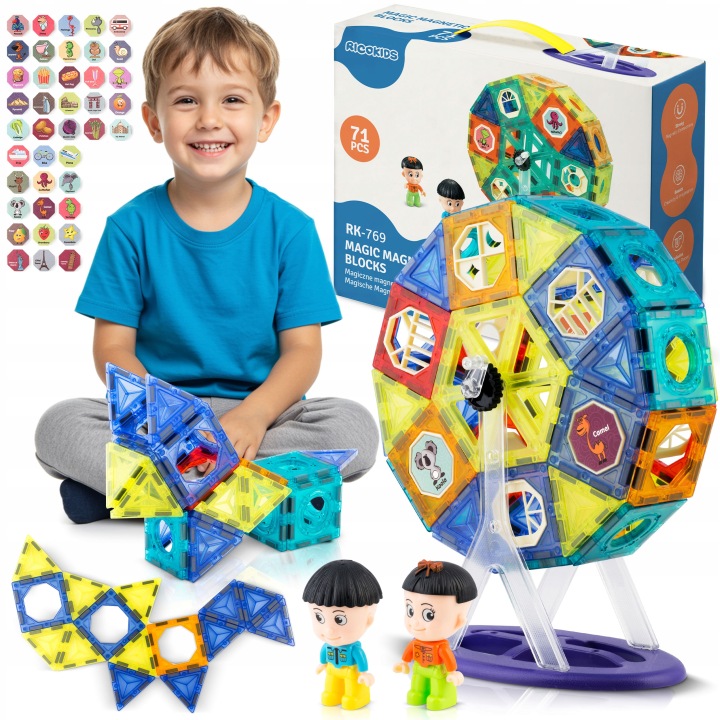 Ricokids RK-769 magnētisko klucīšu komplekts ar dižratu, figūriņām un iepakojumu uz balta fona
