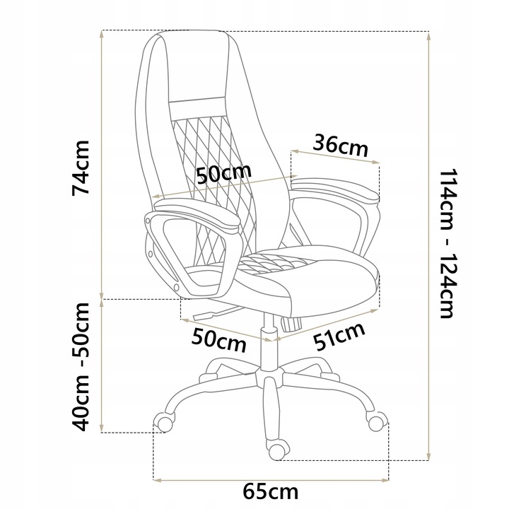 Tehniska izmēru shēma ar biroja krēsla 124 cm augstumu un 40–50 cm sēdekļa regulāciju