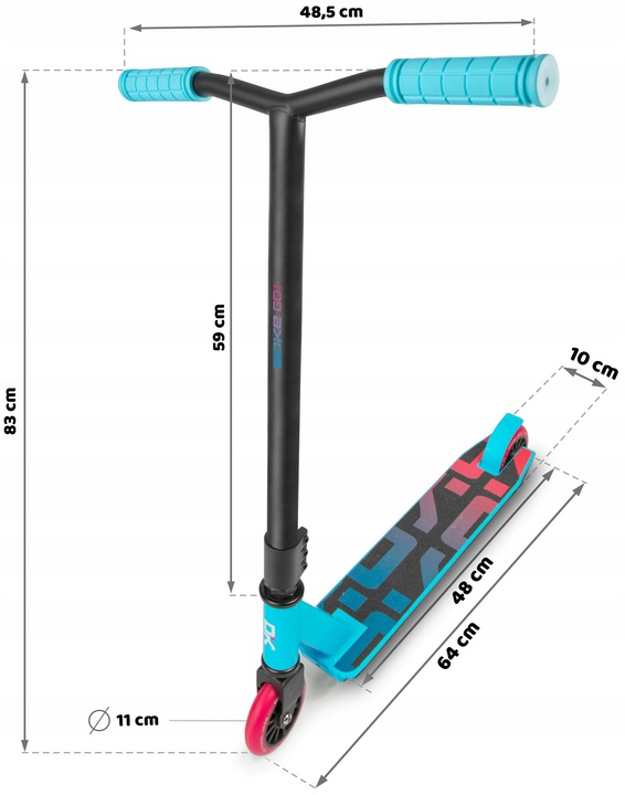 SOKE GO! triku skrejritenis ar izmēru atzīmēm 83 cm, 48,5 cm un 10 cm tehniskajā skatā