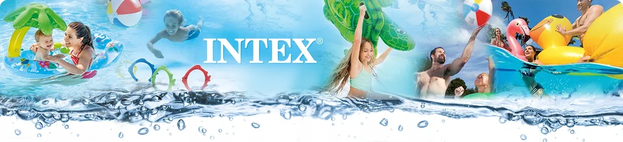 Intex baseina kopšanas komplekta reklāmas ar peldbaseina ainu un zīmolu virs ūdens