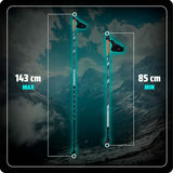 Trekkinga nūju maksimālais un minimālais garums ar 143 cm un 85 cm atzīmēm