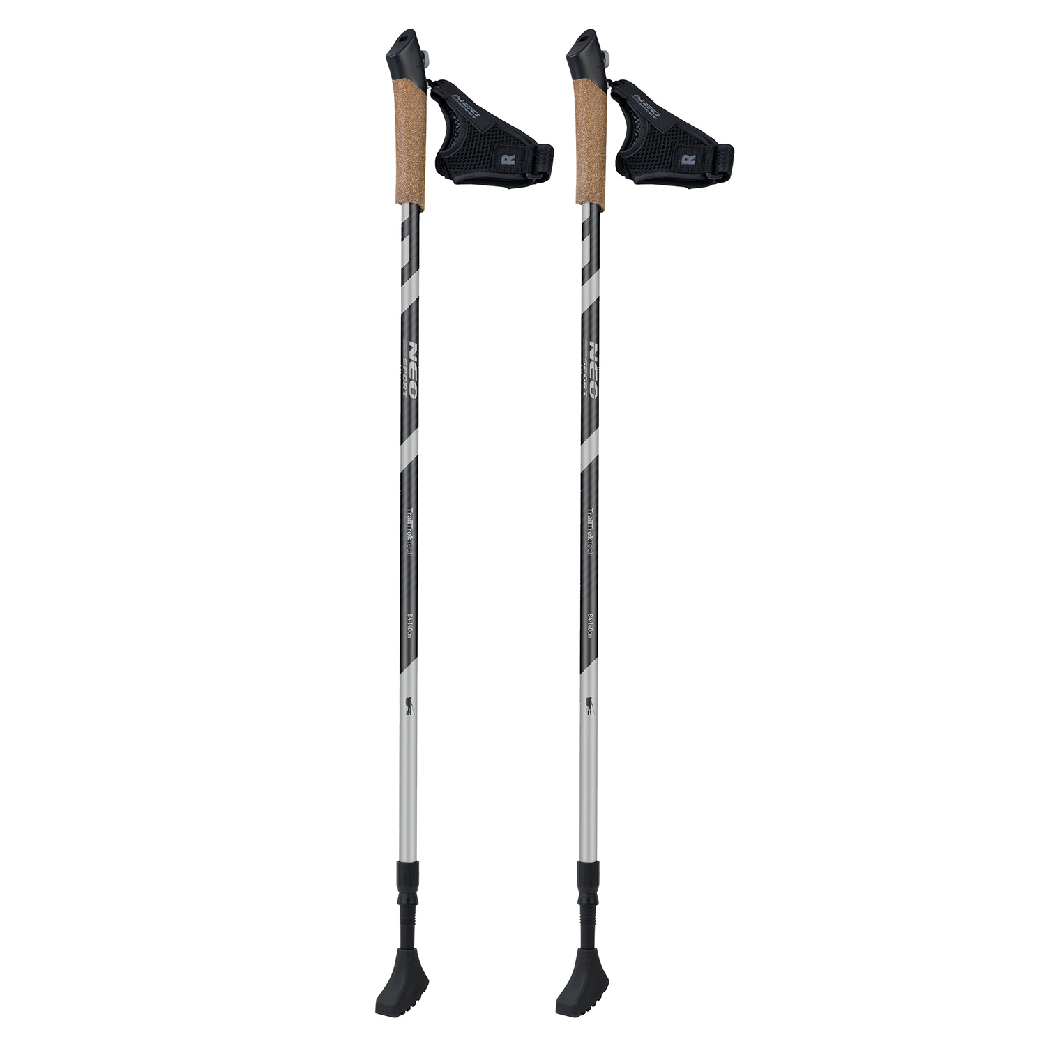Divas Neo-Sport trekkinga nūjas pilnā augstumā uz balta fona