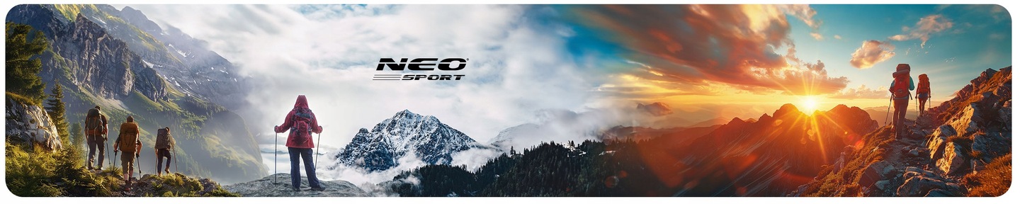 Neo-Sport trekkinga nūjas kalnu pārgājiena ainavā ar zīmola logotipu centrā