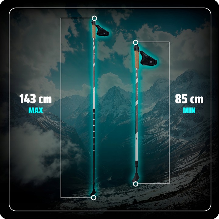Trekkinga nūju garuma salīdzinājums no 85 cm līdz 143 cm uz kalnu fona